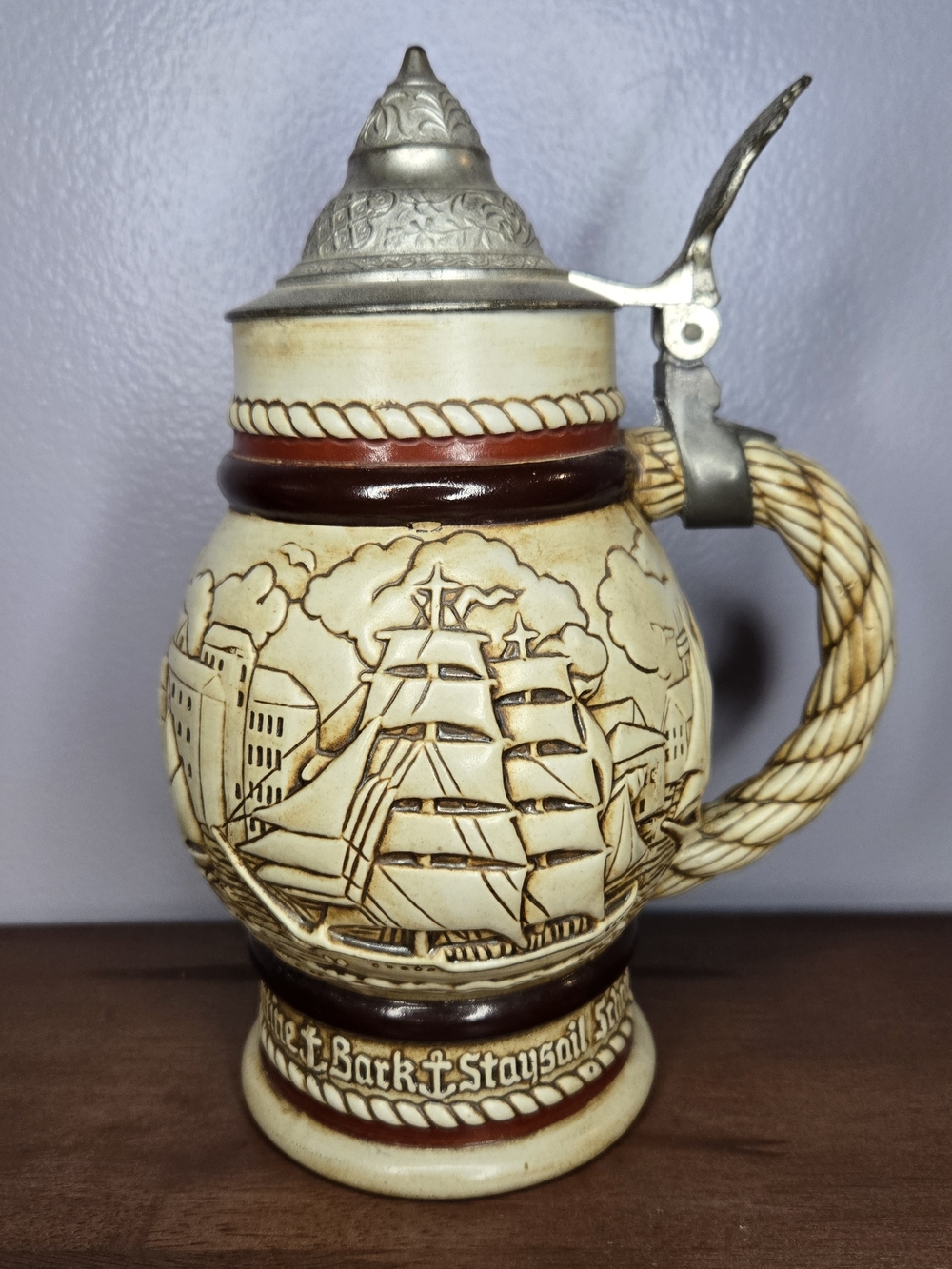 Avon Tall Ships - 1977 Ceramic Nautical Lidded Beer Stein Handmade In Brazil